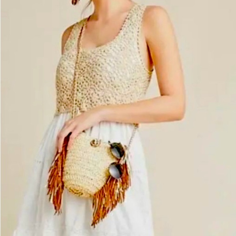 Anthropologie Crochet Eyelet Dress Beige Tiered Tassel Tie